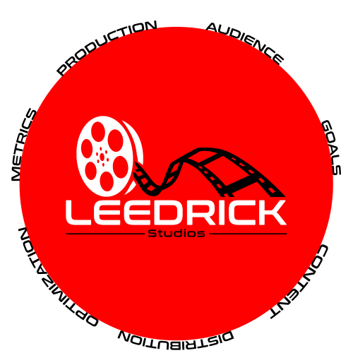 A red circle with the words " leedrick studios ".